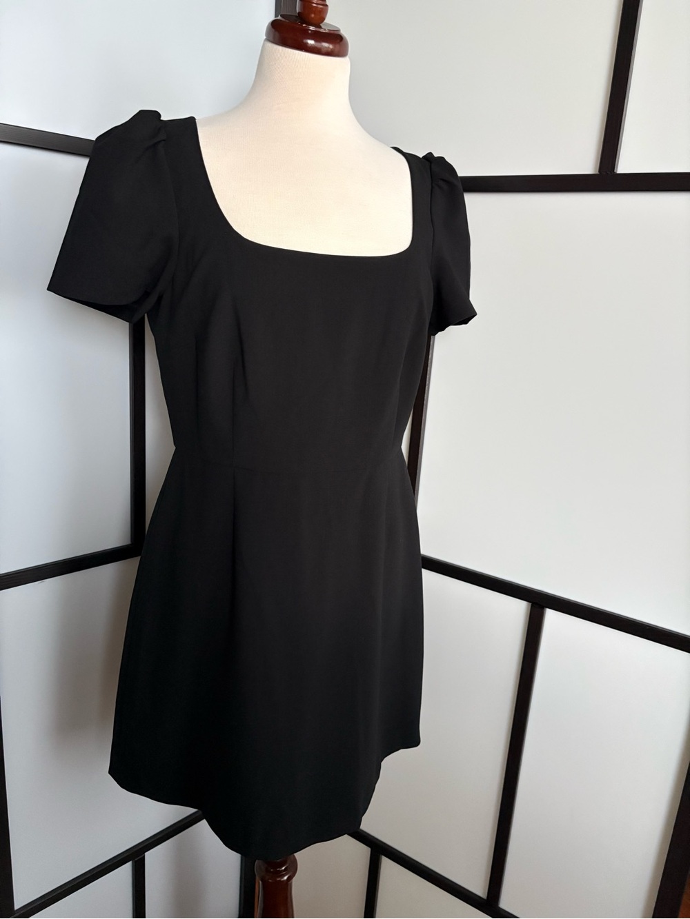French Connection Black Puff Sleeve Mini Dress NWT Size 10 Classic Square Neck - Picture 2 of 14